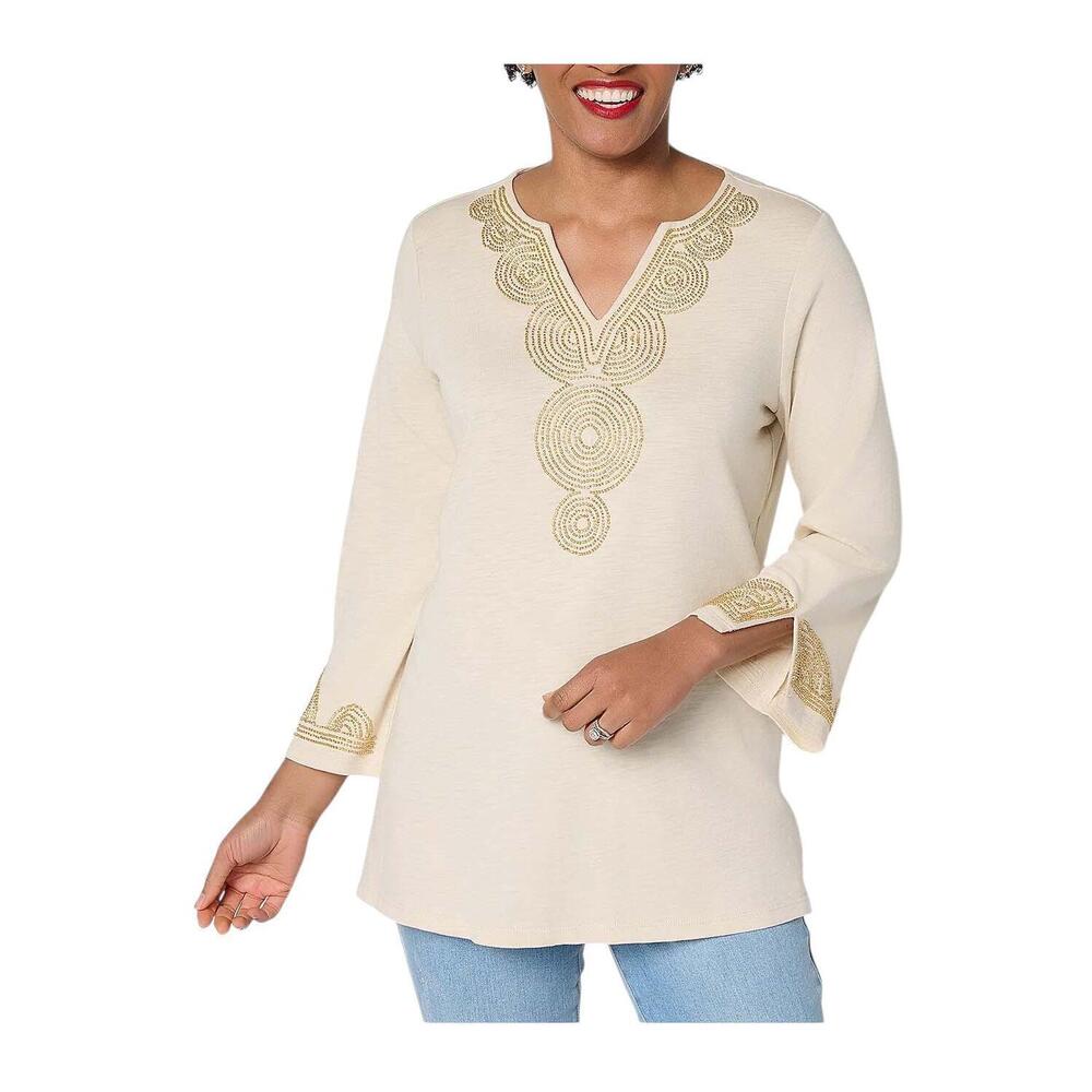Bellisima Women's Slub Knit Boutique Beaded Tunic Sand Bar/Gold - Petite